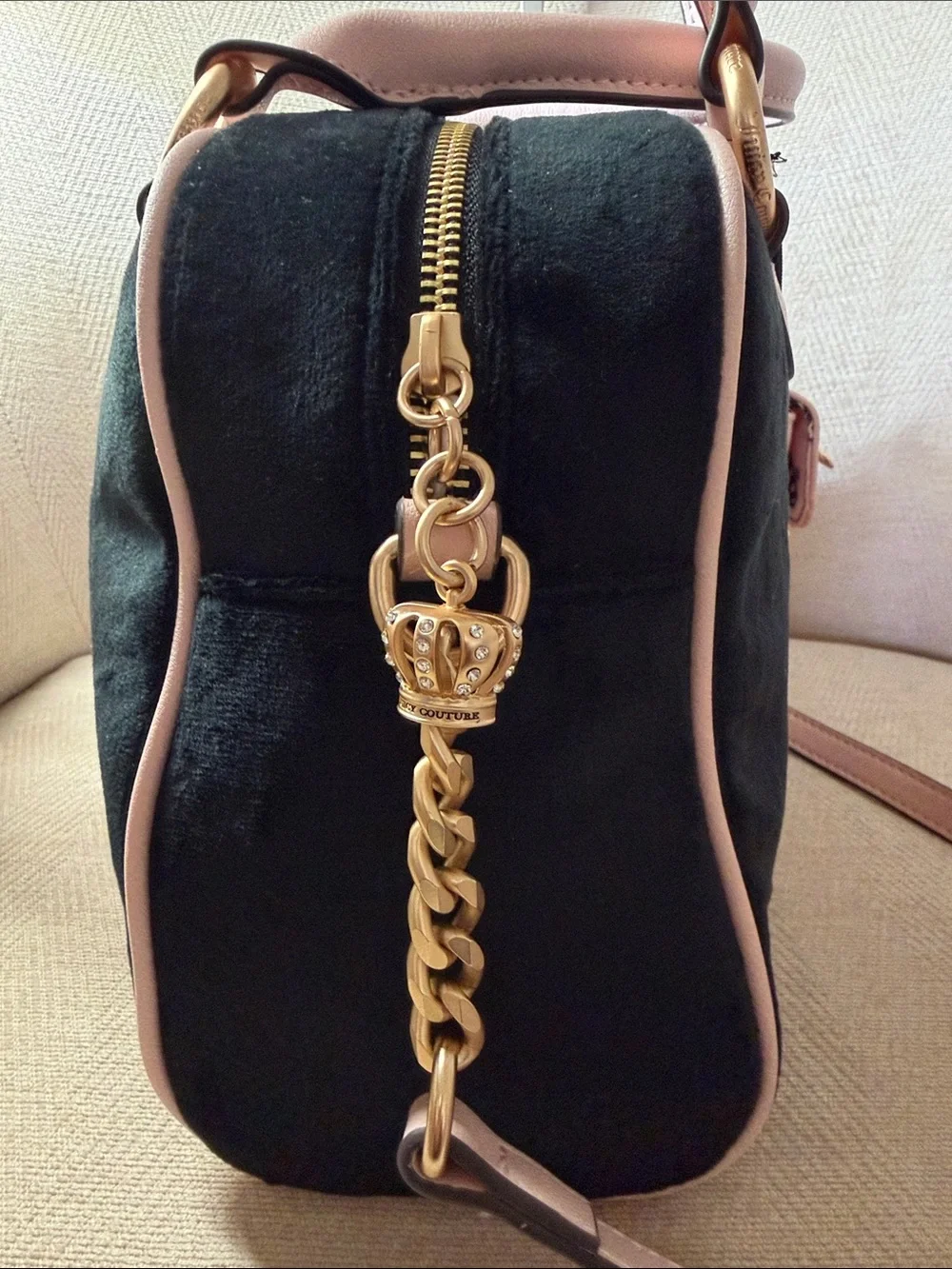 Juicy Couture Pink and Black Velvet Satchel with Detachable Pouch